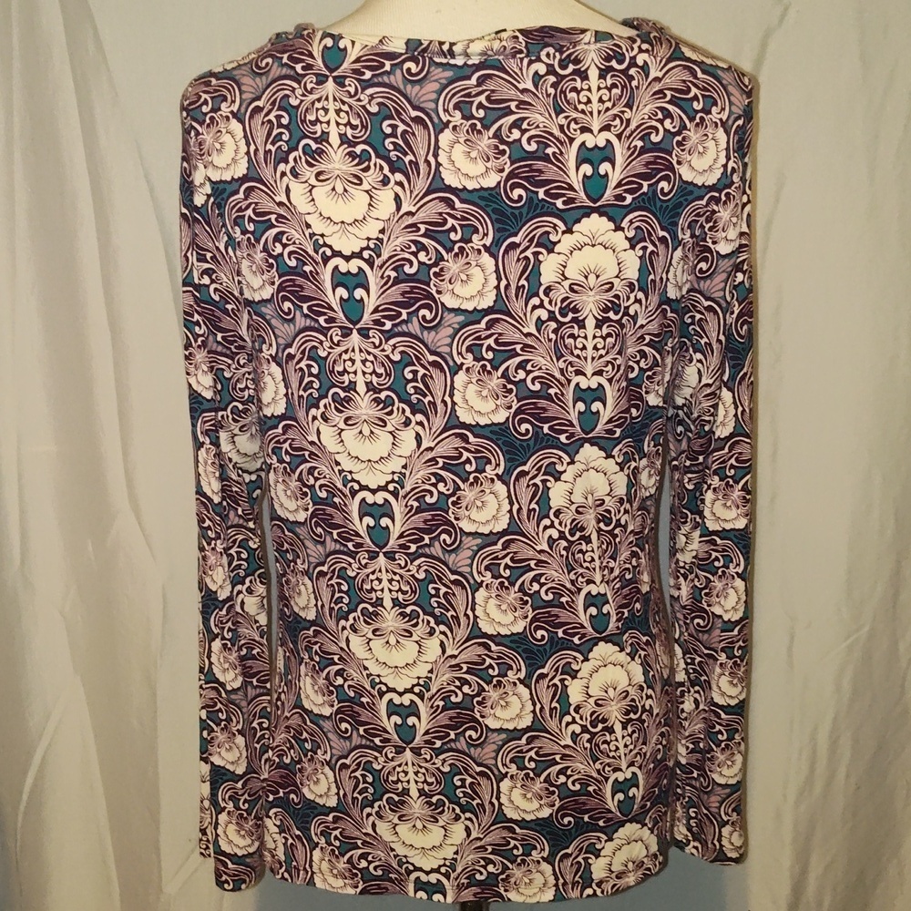 Talbots  long-sleeve cowl neck top with a paisley print.  Teal Burgundy - Picture 2 of 9